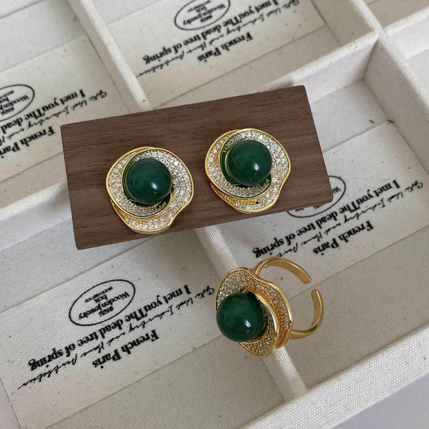 法式宫廷复古风绿玛瑙耳环戒指套装女夏季新中式气质麻花耳环饰品