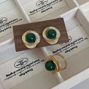 法式宫廷复古风绿玛瑙耳环戒指套装女夏季新中式气质麻花耳环饰品