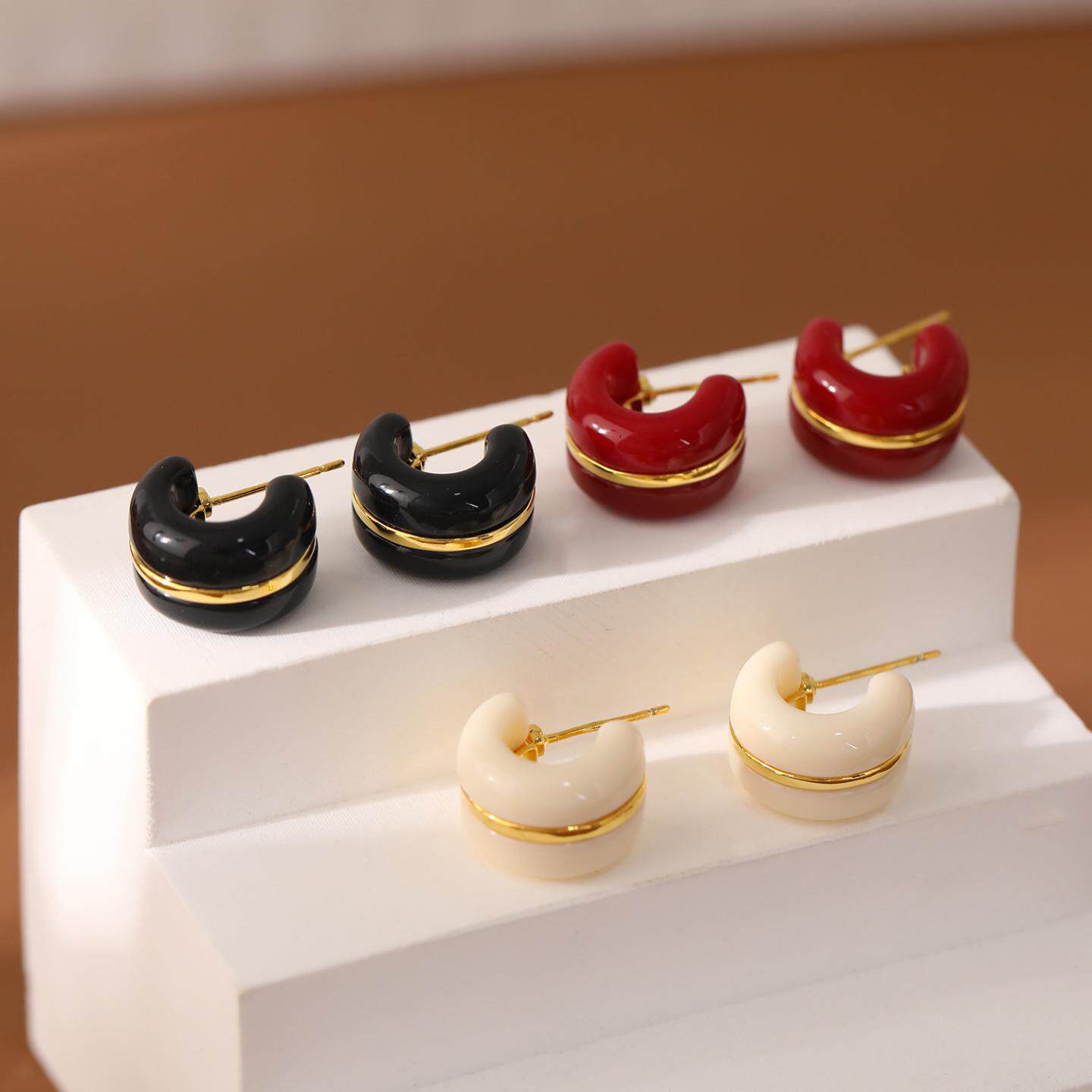 法式宽面C形金线耳钉夏季彩色复古半圆耳圈小众气质简约树脂耳环