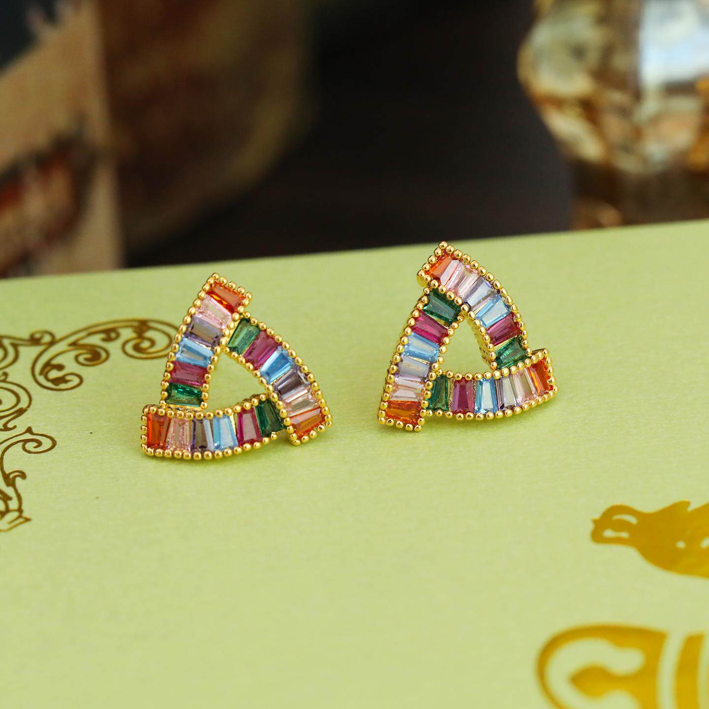 几何三角形彩虹色锆石耳钉多巴胺糖果缤纷时尚简约镶锆精致耳环女