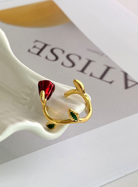 荆棘红玫瑰开口戒指精致浪漫气质高级小众戒指女法式酒红滴釉指环