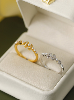 韩版小巧珍珠锆石戒指女高级感轻奢时尚个性百搭开口可调节食指戒