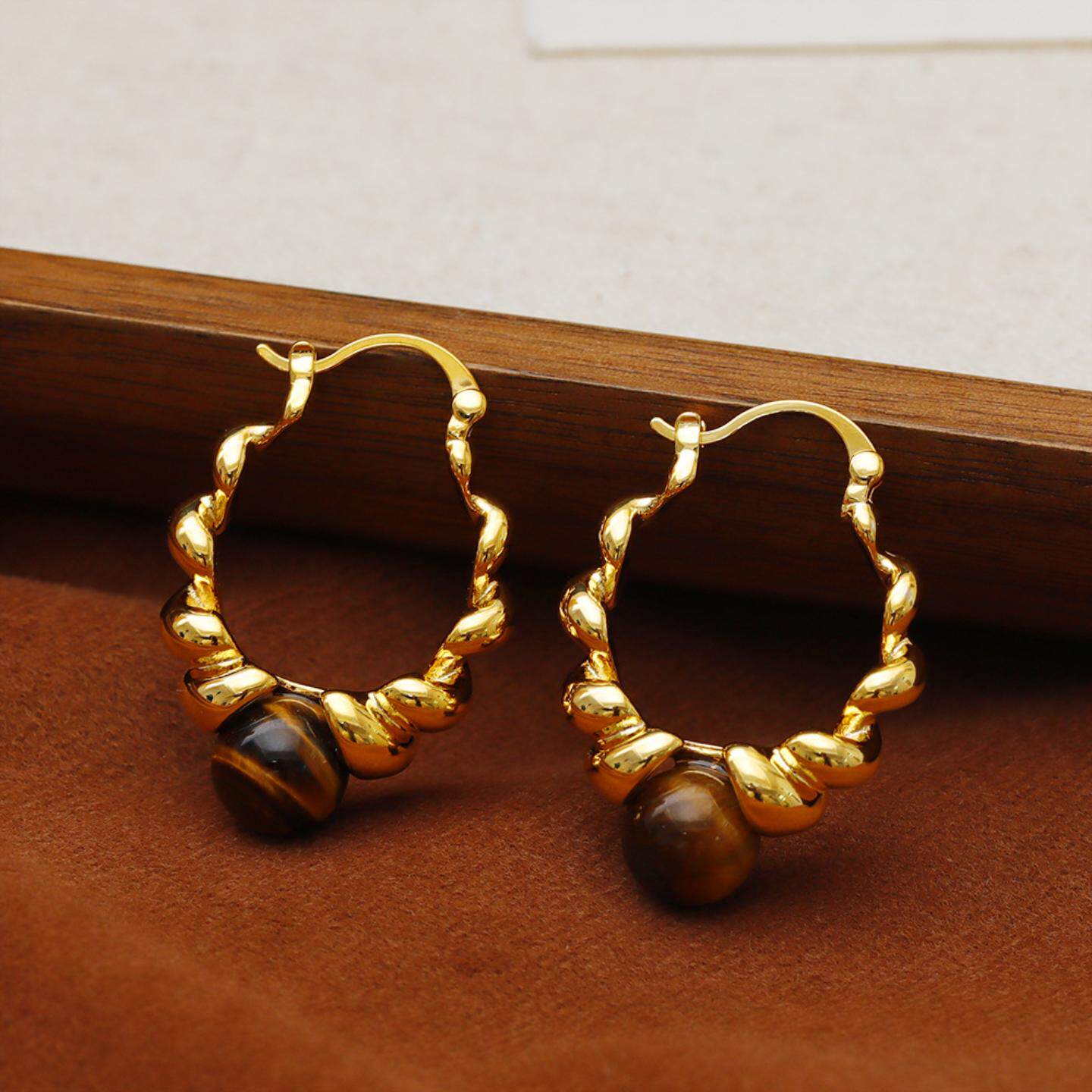 2024新款虎眼石欧美复古风圈型麻花螺纹港式风夸张大号耳环