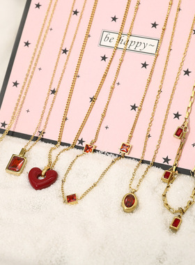 2023爆款红色系锆石简约百搭钛钢项链小众高级感爱心项链项饰