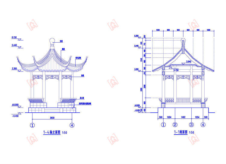 八角亭景观亭做法凉亭cad施工图古建亭子平面立面剖面大样节点图