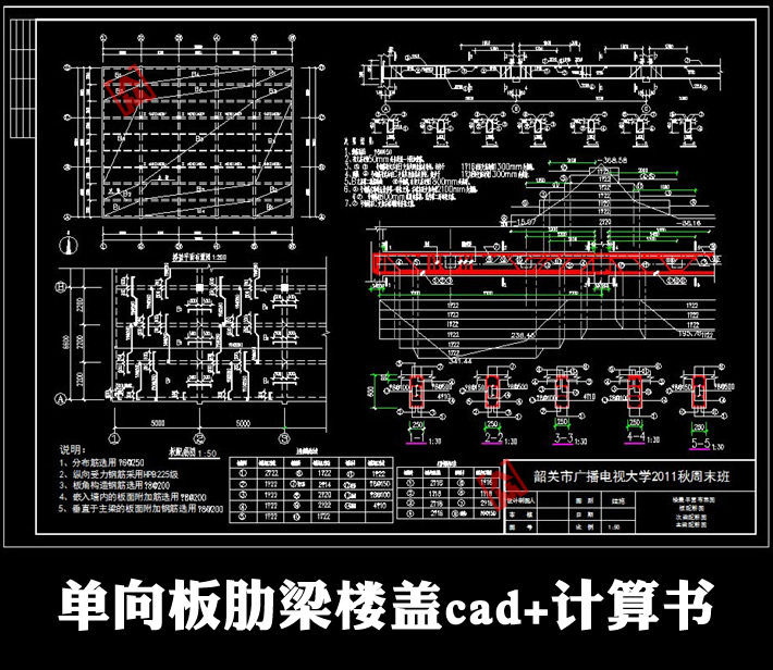 整体式现浇钢筋混凝土单向板肋梁楼盖板配筋图设计cad图 计算书