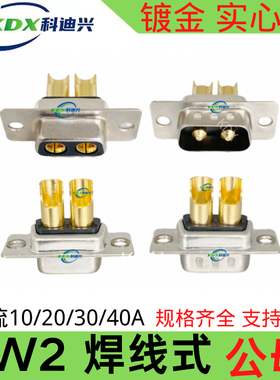 2W2大电流焊线式光孔D-SUB纯铜镀金实芯针 DB2W2 2芯锂电池对接头