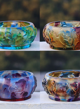 琉璃生肖聚宝盆摆件连年有余