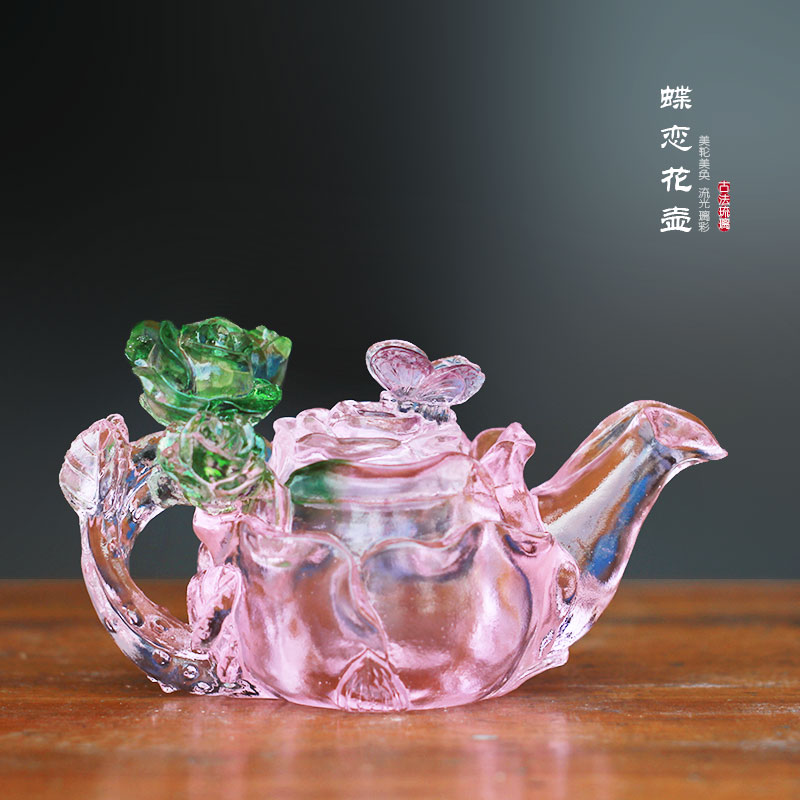 琉璃茶壶摆件居家客厅酒柜桌面摆放茶室装饰蝶恋花壶工艺礼品