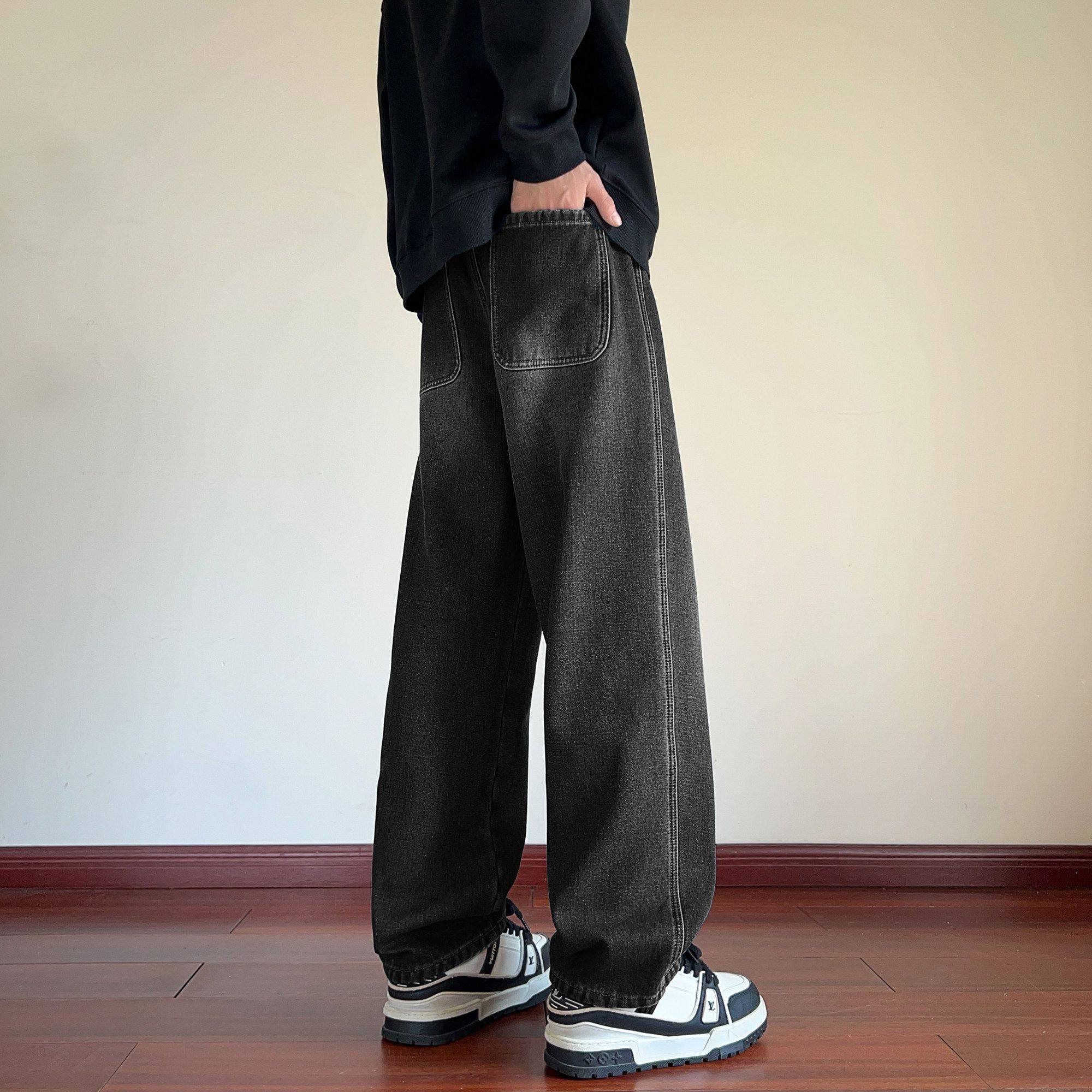 唐狮2025秋冬季牛仔裤男抽绳碳黑色直筒长裤美式高街复古潮流加绒