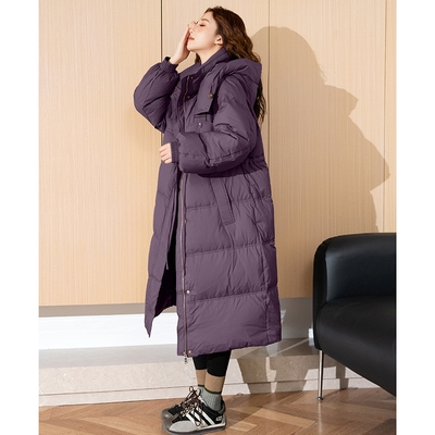 唐狮新款女长款收腰黑色羽绒服女2025新款冬季连帽厚外套慵懒风cq