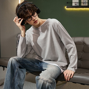 拼接假两件设计感休闲风男士 T恤男款 上衣 圆领长袖 唐狮2025春秋季