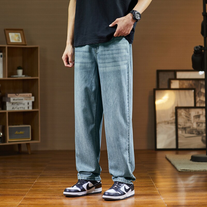 唐狮24年春季新款阔腿牛仔裤男天丝垂感美式潮流高街水洗复古裤子