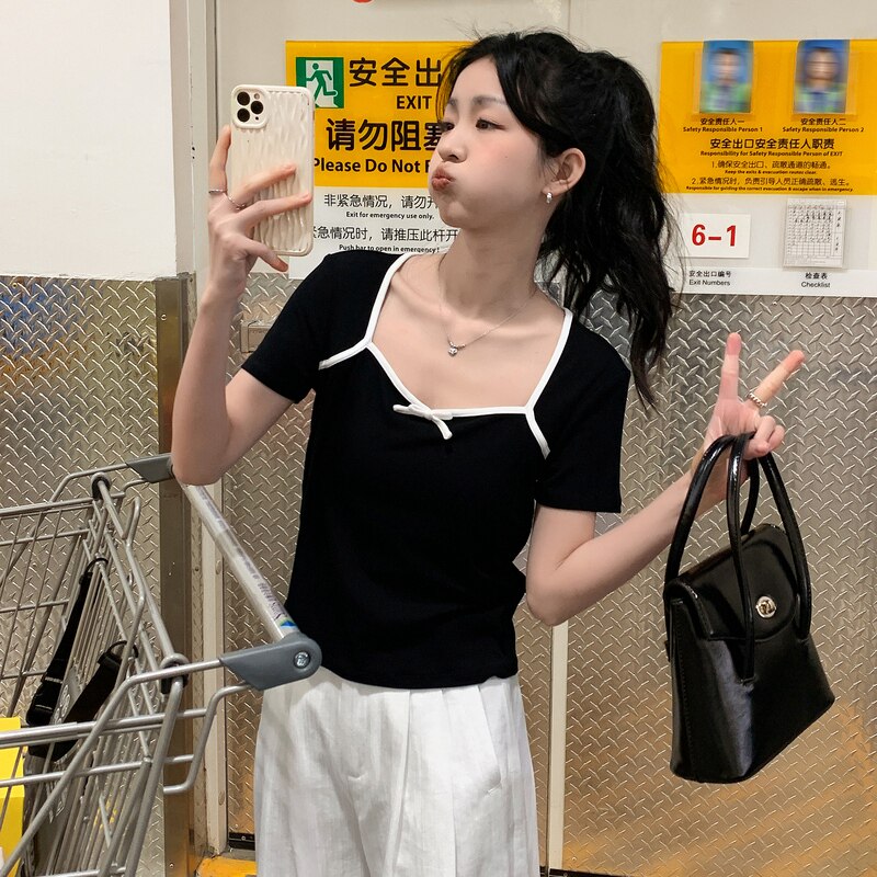 唐狮短袖T恤女2026新款夏季针织小方领蝴蝶结上衣女设计感小众sz