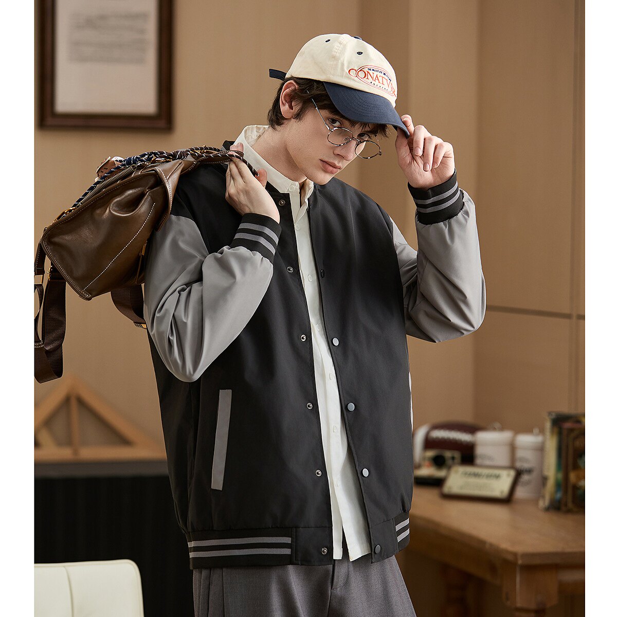 唐狮2026春秋季棒球服男袖子撞色拼接梭织秋季外套男款黑色时尚潮
