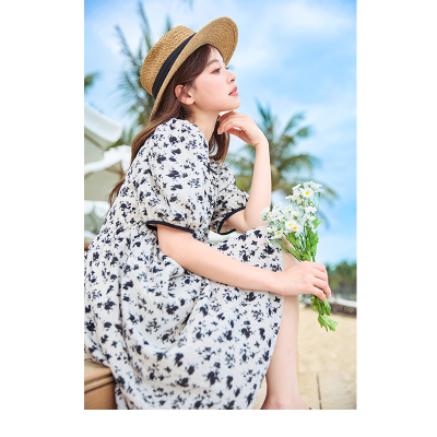 唐狮黑色碎花连衣裙女夏季新款田园小清新裙子宽松A字裙公主裙e9