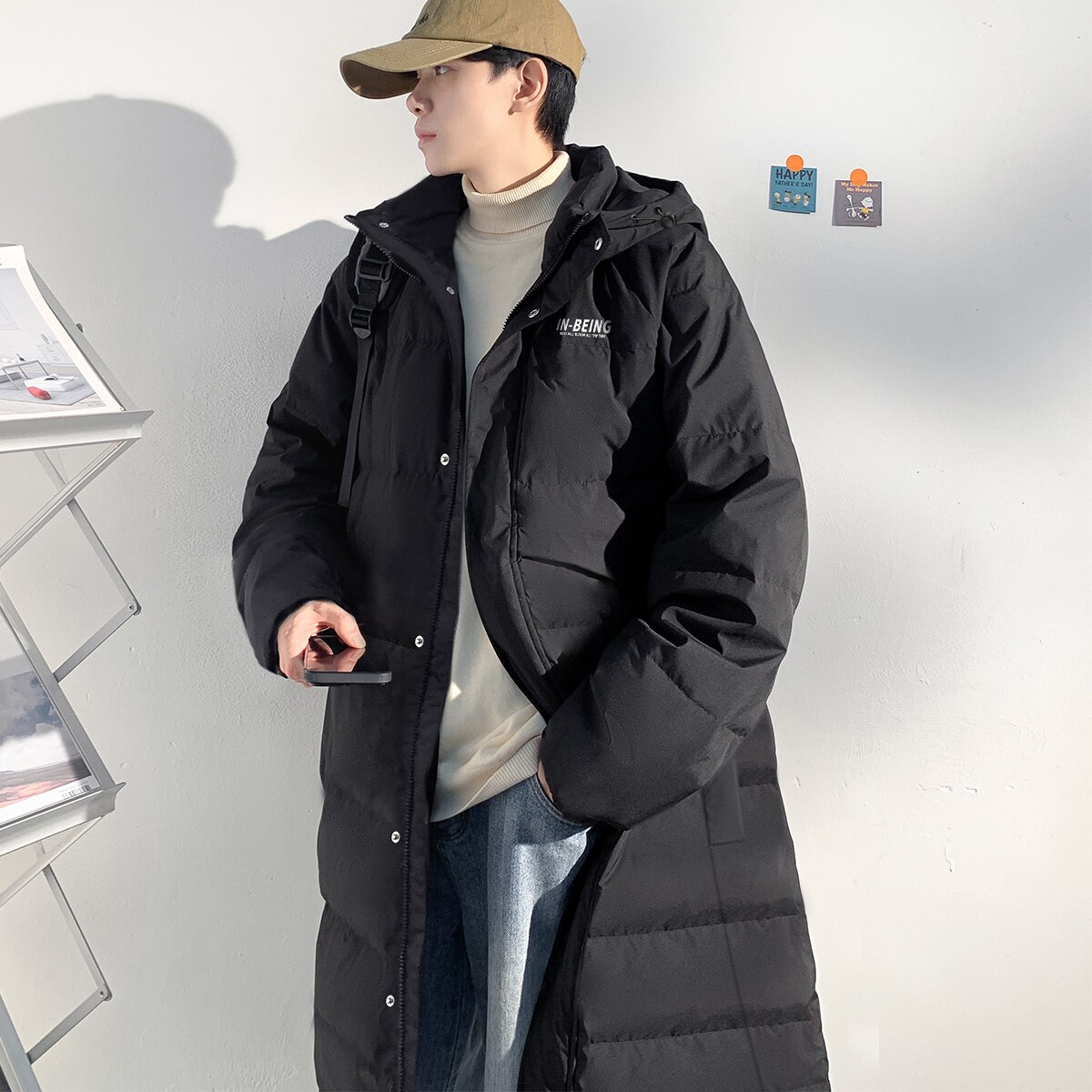 唐狮2024冬新款男士羽绒服长款过膝连帽加厚外套韩版宽松青少年