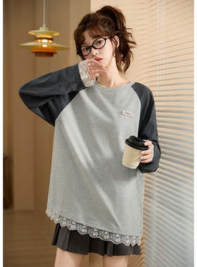 唐狮2025秋季新款女长袖T恤灰色时尚撞色插肩袖蕾丝花边休闲上衣