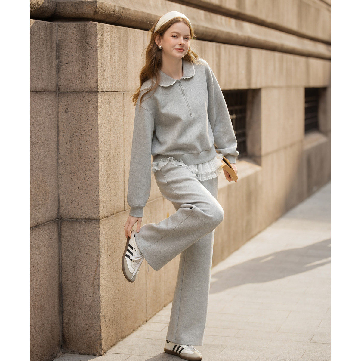 唐狮2026春装新款套装女灰色卫衣开衫外套双层蕾丝花边休闲长裤