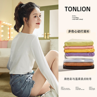 唐狮内搭打底衫女春秋2025新款白色圆领长袖T恤半高领黑色加绒