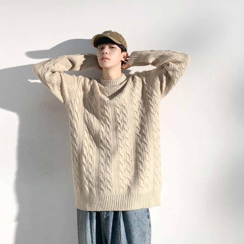唐狮2024秋冬季新款圆领麻花毛衣男生宽松青少年绞花套头针织衫潮