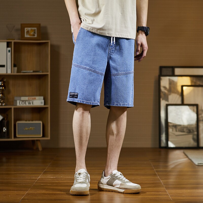 唐狮夏季新款牛仔中裤宽松直筒阔腿抽绳潮流帅气五分短裤子男