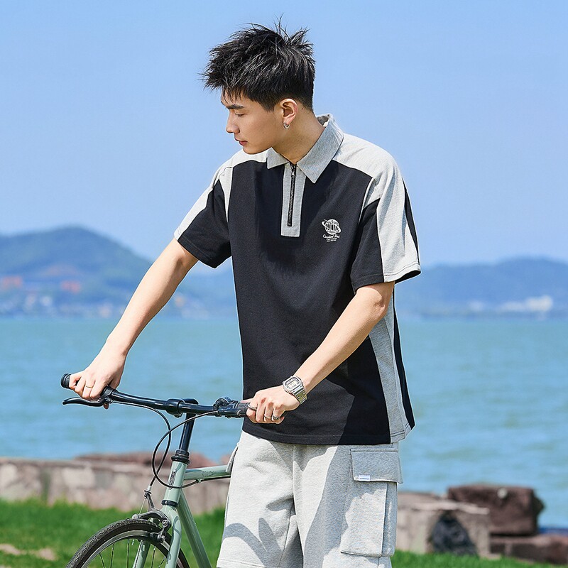 唐狮2025夏季新款男短袖Polo衫拼接撞色翻领上衣学生宽松运动T恤