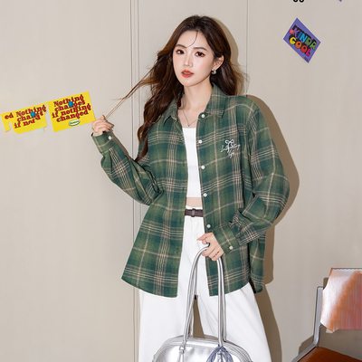 唐狮韩系翻领宽松格子长袖衬衫女