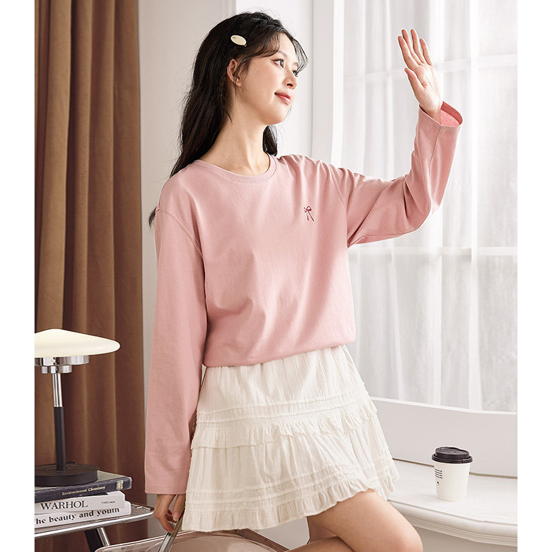 唐狮圆领白色T恤女2026新款秋季内搭长袖上衣女宽松甜美打底衫潮