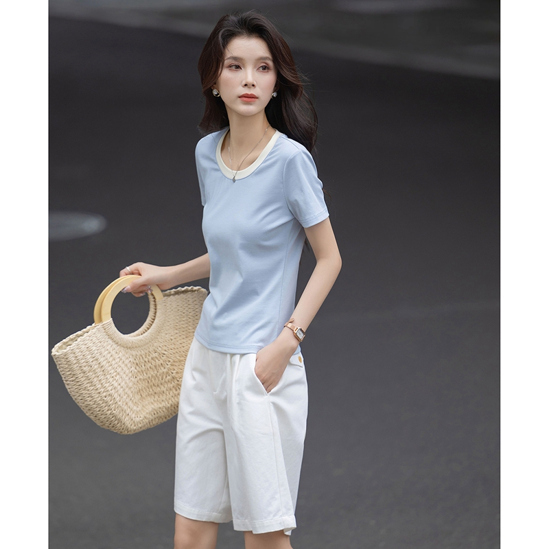 唐狮2025年夏季新款短袖女圆领撞边T恤休闲正肩超好看显瘦上衣