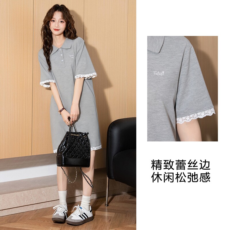 唐狮灰色休闲Polo裙连衣裙女2026夏季新款蕾丝花边设计拼接裙子g9