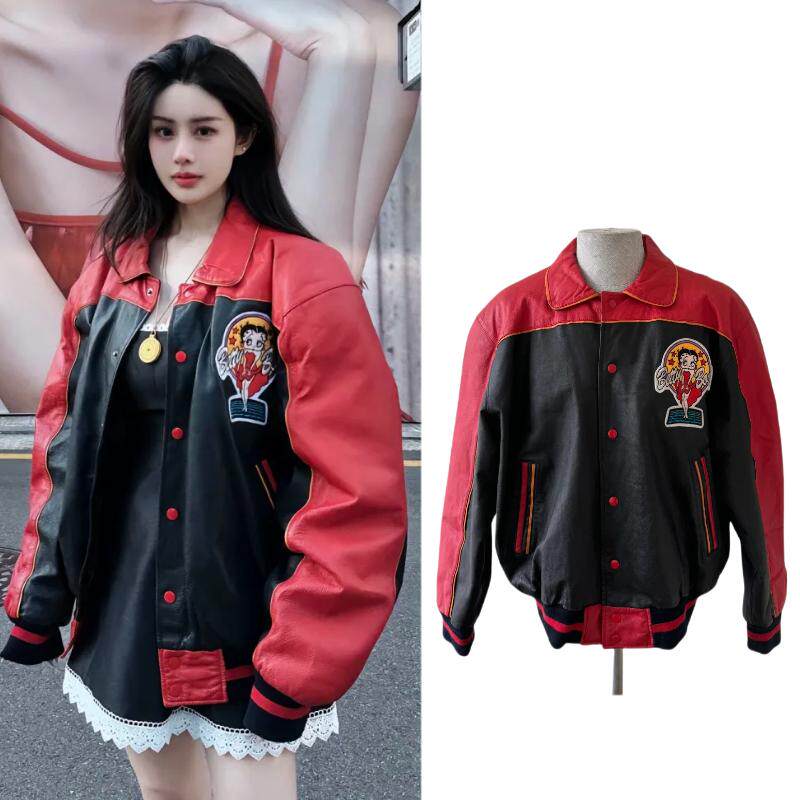 韦雪同款美式复古原创PU皮衣夹棉外套女冬季宽松休闲夹克长袖上衣