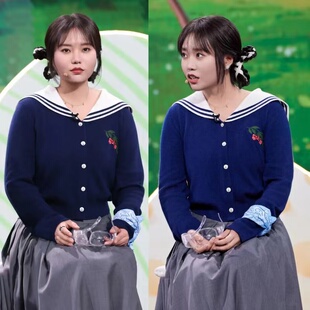 李雪琴同款蓝色海军领针织衫女2024年新款设计感时尚复古长袖上衣