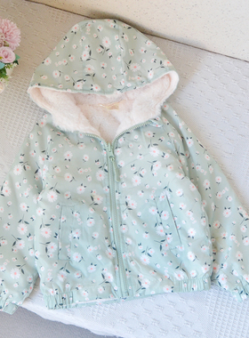 美单~5-14女童宝宝碎花加绒连帽外套中大童秋冬两面穿可爱上衣