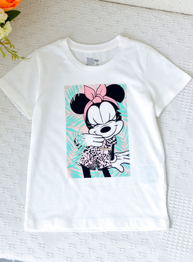 D家专柜~2-14女童白色卡通短袖T恤宝宝中大童夏装体恤衫套头上衣
