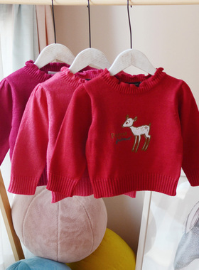 壹米童品~0-1岁女婴小宝宝纯棉毛衣花边半高领针织衫洋气刺绣红色