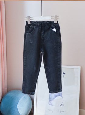 女童中小童宝宝小脚牛仔裤纯棉破洞花黑色时尚休闲长裤春秋裤子