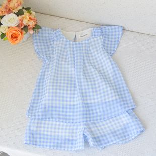 日单~100-120女童宝宝格子娃娃衫短裤外穿中小童夏季上衣裤子夏装
