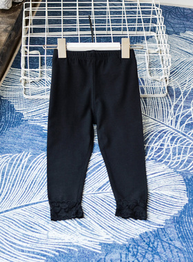 日本纯元~女童宝宝中小童大童七分裤黑色纯色百搭蕾丝花边夏天棉