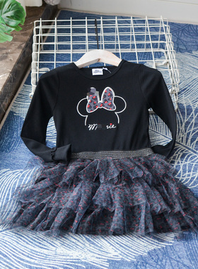 D家纯原~102-135cm女童中小童春秋纱裙连衣裙假两件黑色纯棉公主