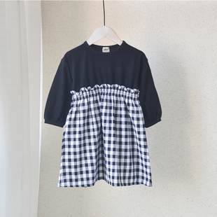 日单~100-140女童宝宝纯棉黑白格子连衣裙中小童春秋假两件裙子