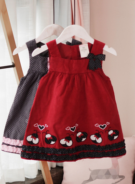 出口米国~1-3岁女宝宝小童连衣裙背带裙春秋灯芯绒洋气背心裙红色