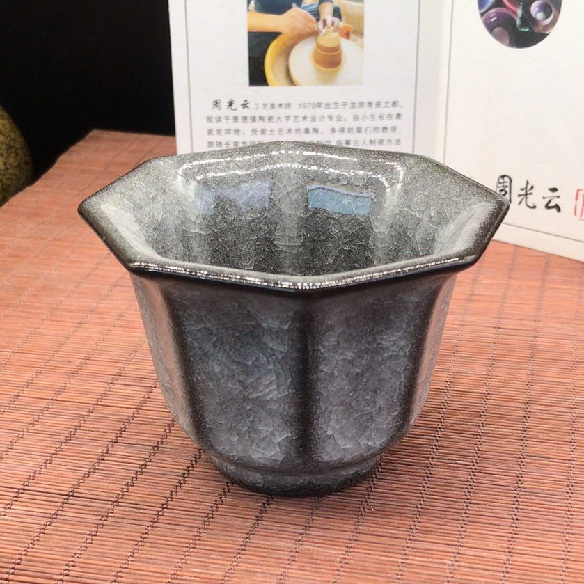 项氏窑火青瓷哥窑黑冰裂纹八方茶杯高端茶器单杯公道水杯手工茶具图片