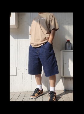 Mid9summer 水洗老爹宽松直筒流行无弹深蓝休闲男潮滑板牛仔短裤