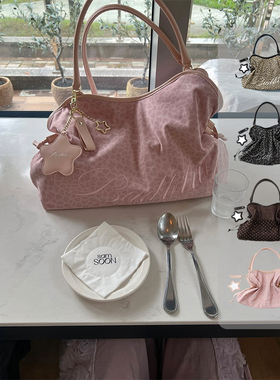 badbule韩国小众美波托特包手提单肩刺绣豹纹波点赠星星镜子挂件