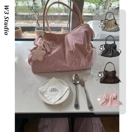 badbule韩国小众美波托特包手提单肩刺绣豹纹波点赠星星镜子挂件