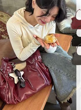 许允真同款Stand酒红色通勤托特包韩国小众ST大容量单肩斜跨包