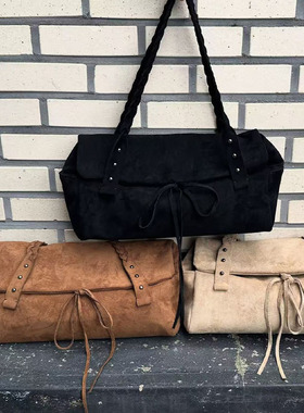 韩国小众deinet麂皮蝴蝶结麻花编织单肩斜挎包通勤大容量腋下包女