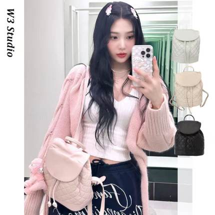 韩系小众朴秀荣同款新款设计菱格双肩包女休闲百搭时尚抽绳包女包