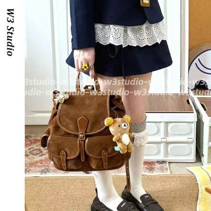 333Studio秋冬棕色美拉德麂皮绒双肩书包大容量通勤百搭背包手提